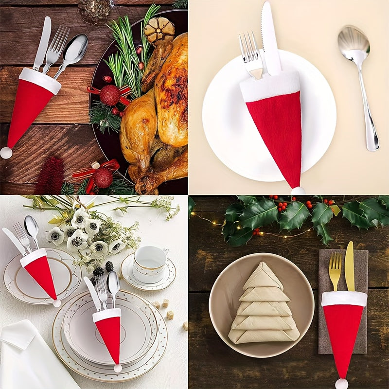 12-Piece Christmas Table Decoration Set with Santa Hat Cutlery Holders and Bottle Toppers Festive Party Decor