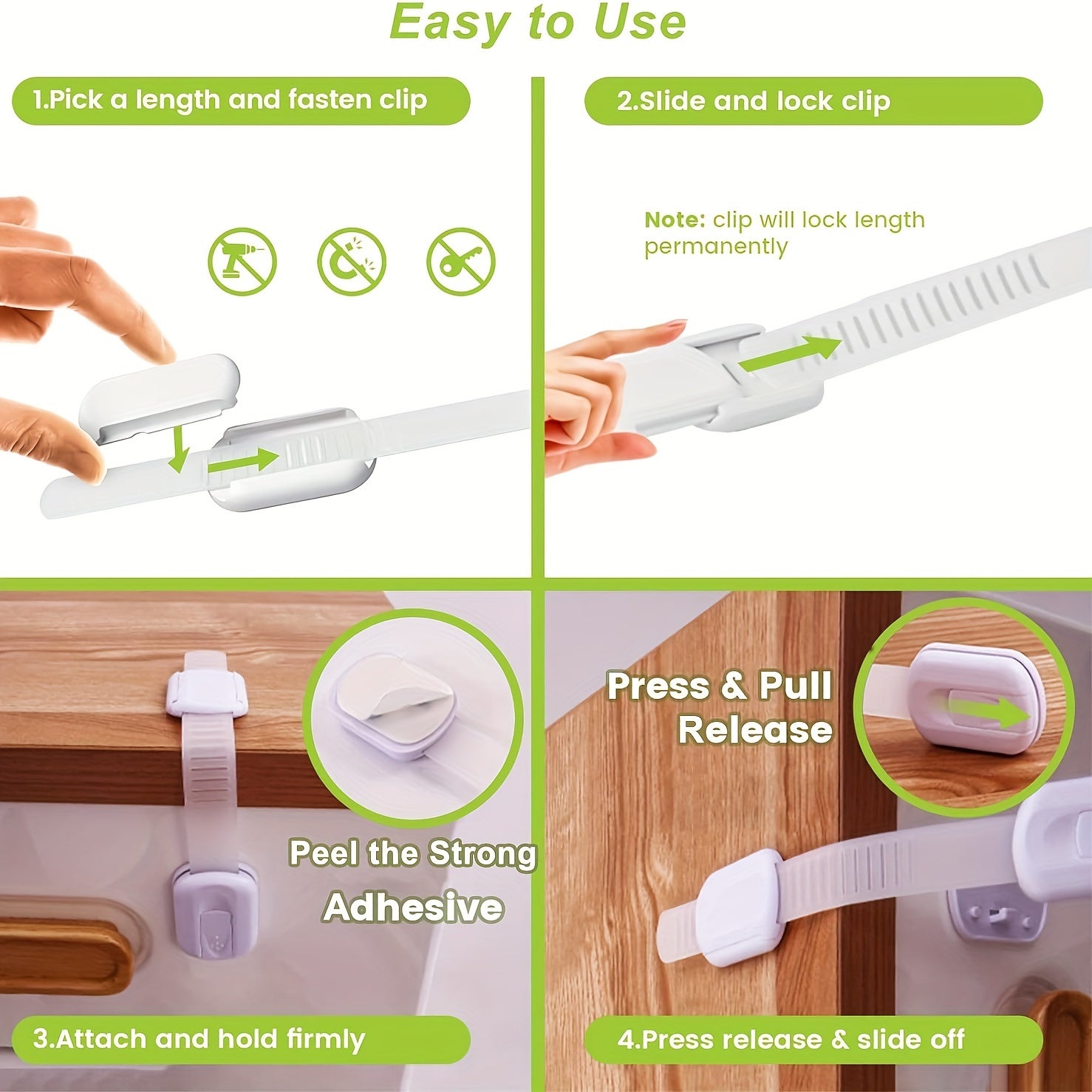 Set of 6 or 8 White Safety Strap Locks for Cabinet Doors and Drawers