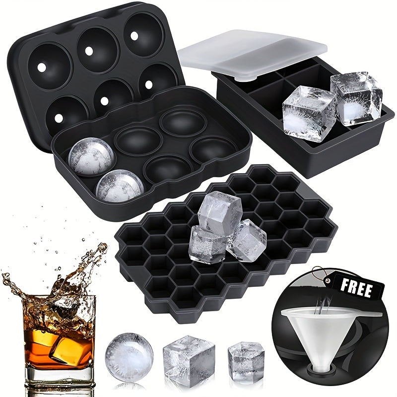 Large Silicone Ice Cube Mold Set With Lids, Ice Ball, Honeycomb Trays