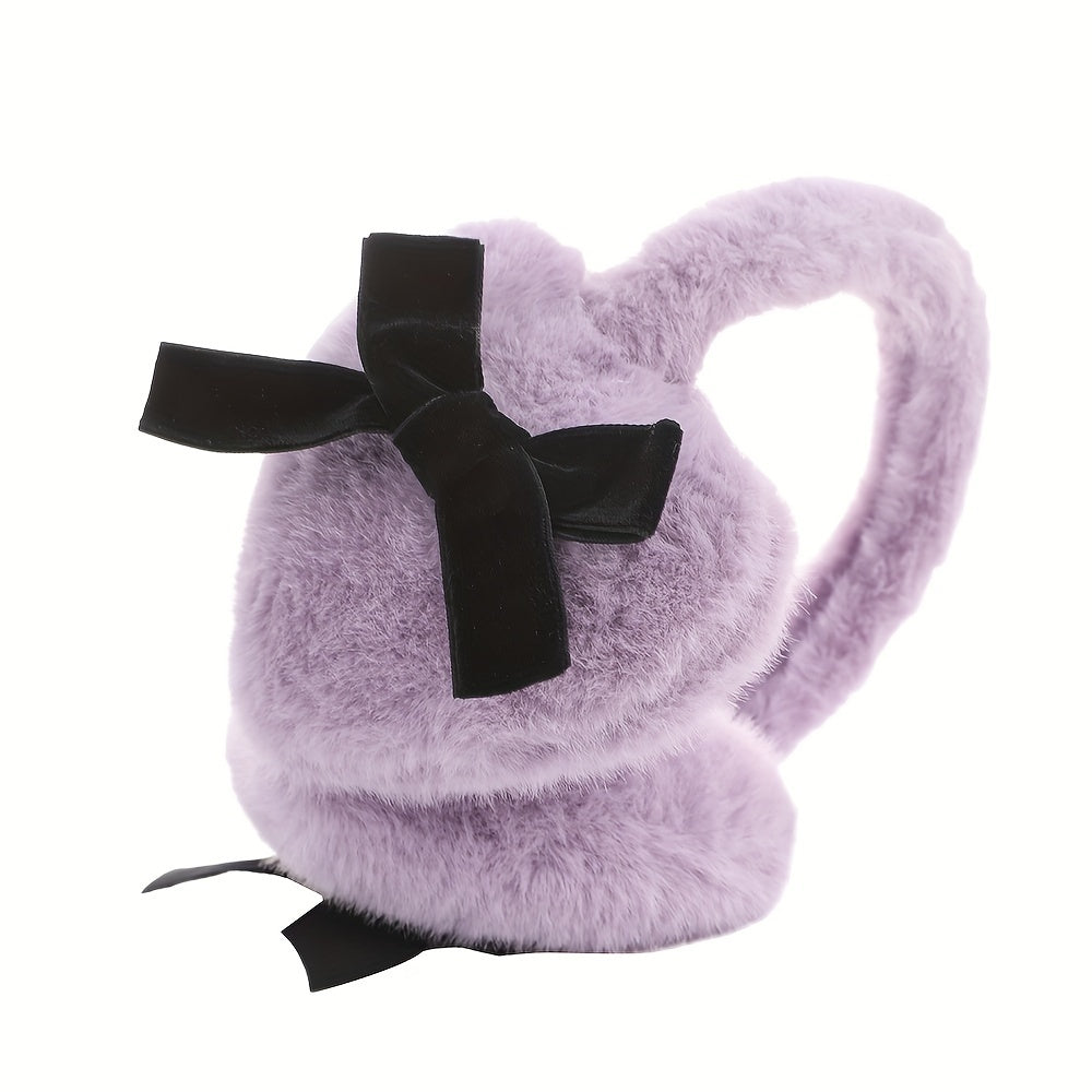 Women's Plush Heart-Shaped Earmuffs with Black Bow Warm Cozy Winter Accessory