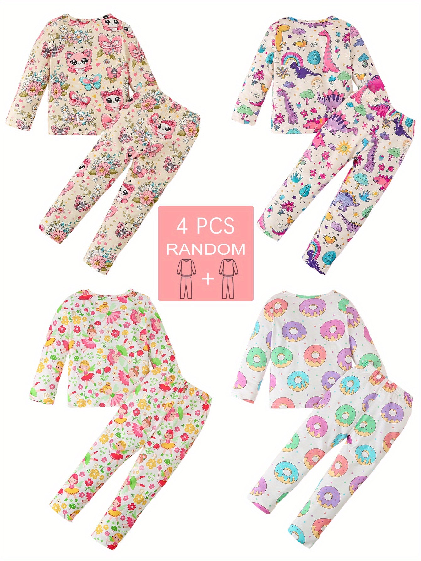 Girls' 4-Piece Pajama Set with Butterfly, Donut, Dinosaur Patterns in Polyester Blend for Kids