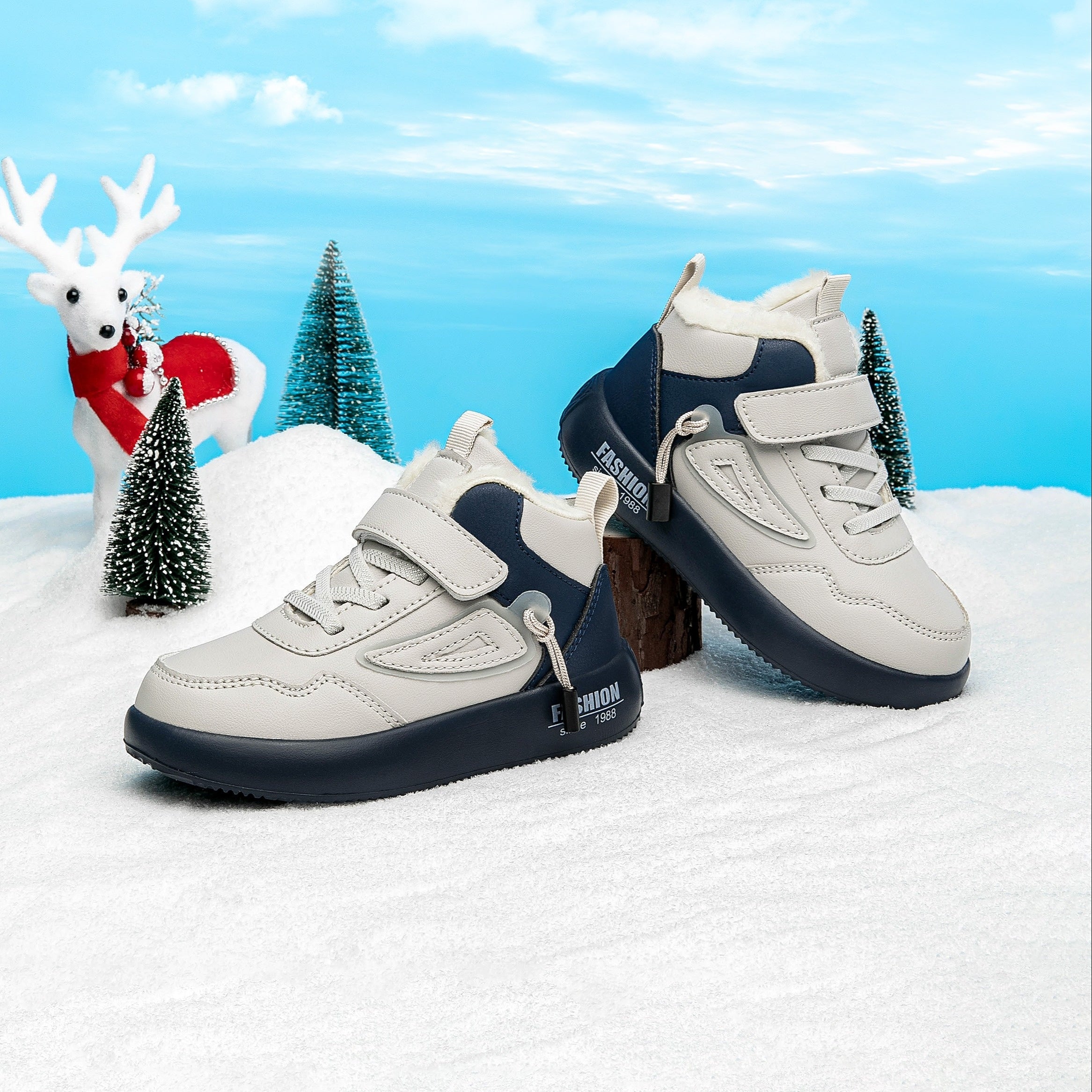 Boys Winter Snow Boots Waterproof Non-Slip Plush Lined High Tops Gray Navy