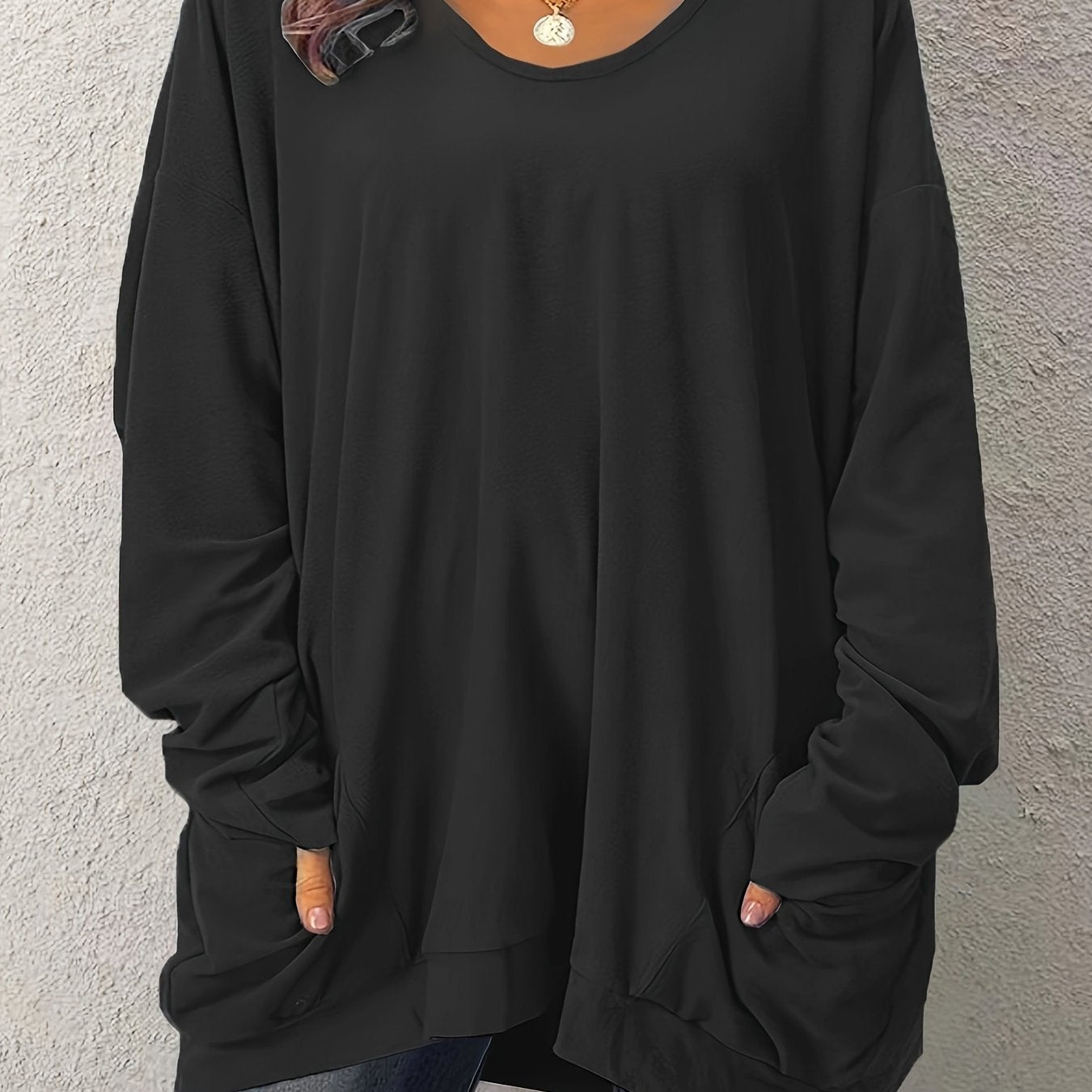 Women's Plus Size Long Sleeve Solid Oversized Top With Pockets