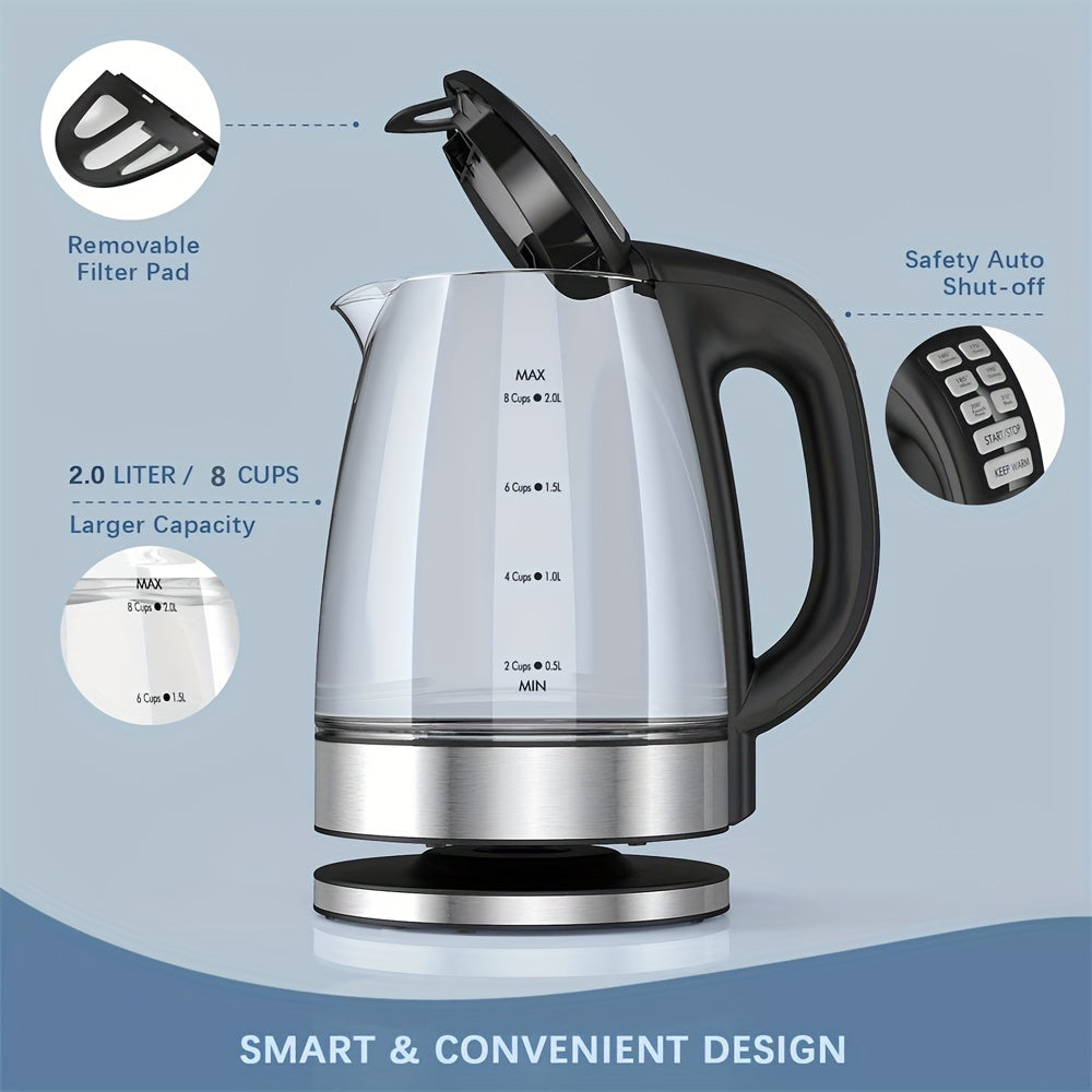 Electric Glass Kettle 2.0L 2200W Fast Boiling Temperature Control Keep Warm Auto Shut-Off