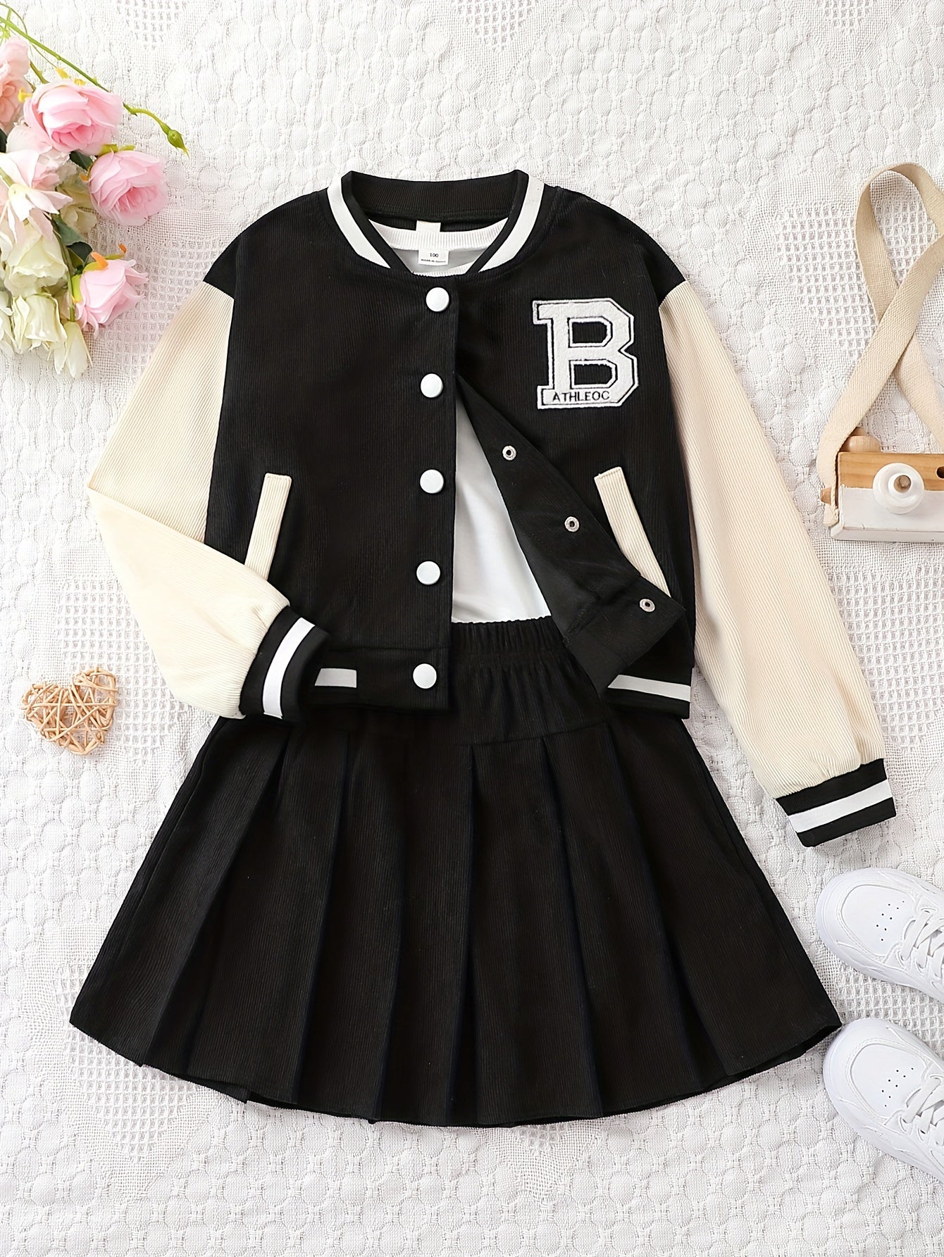 Girls 2-Piece Corduroy Long Sleeve Jacket and Pleated Skirt Set for Fall Winter