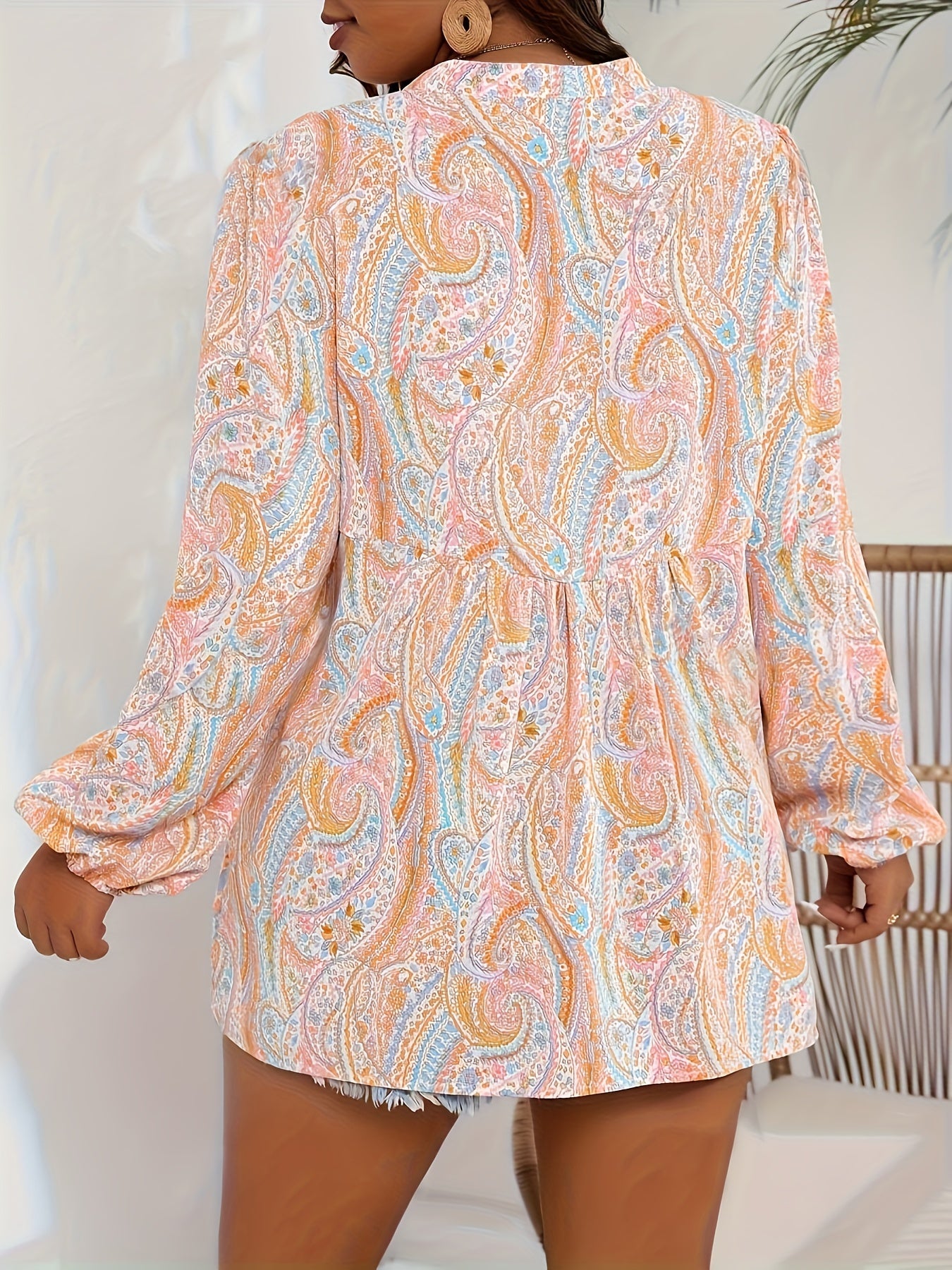 Plus Size Women's Paisley Print Long Sleeve Shirt Blouse with Lace Trim