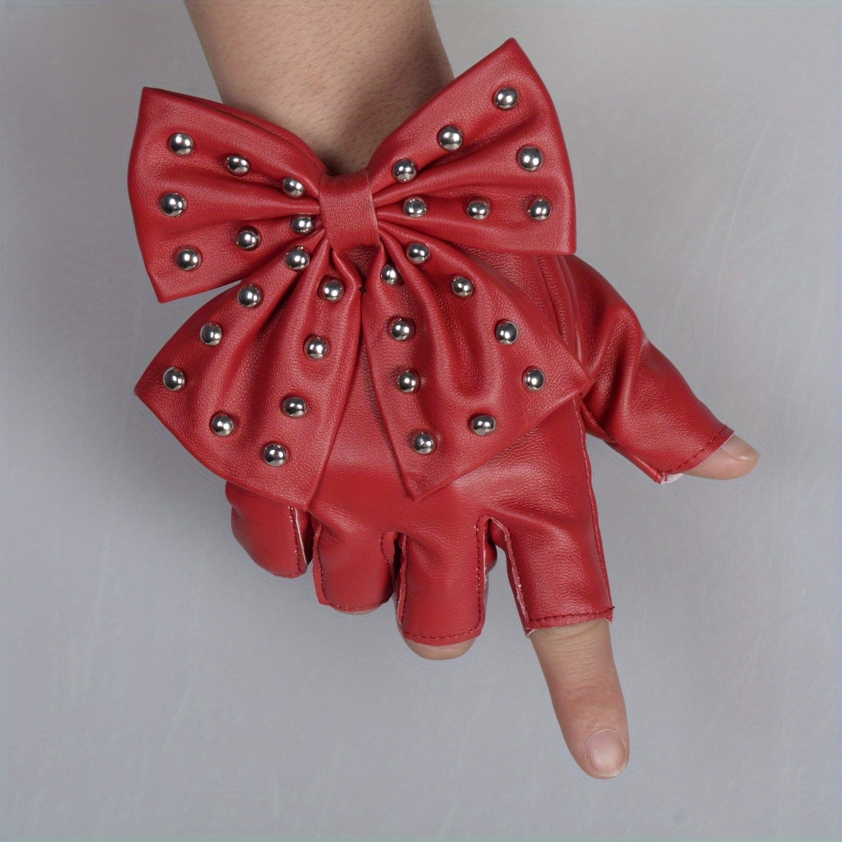 Women's Half Finger Rivet Bow PU Leather Gloves for Punk Dance and Hip Hop