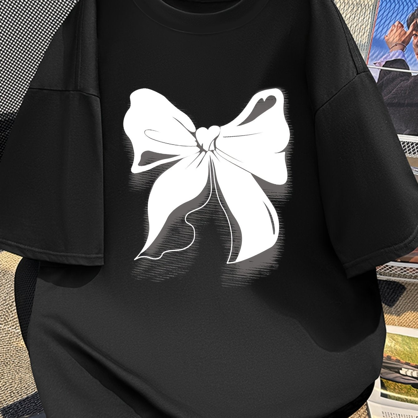 Women's Oversized White Bow Print Y2K Style Cotton T-Shirt with Short Sleeves