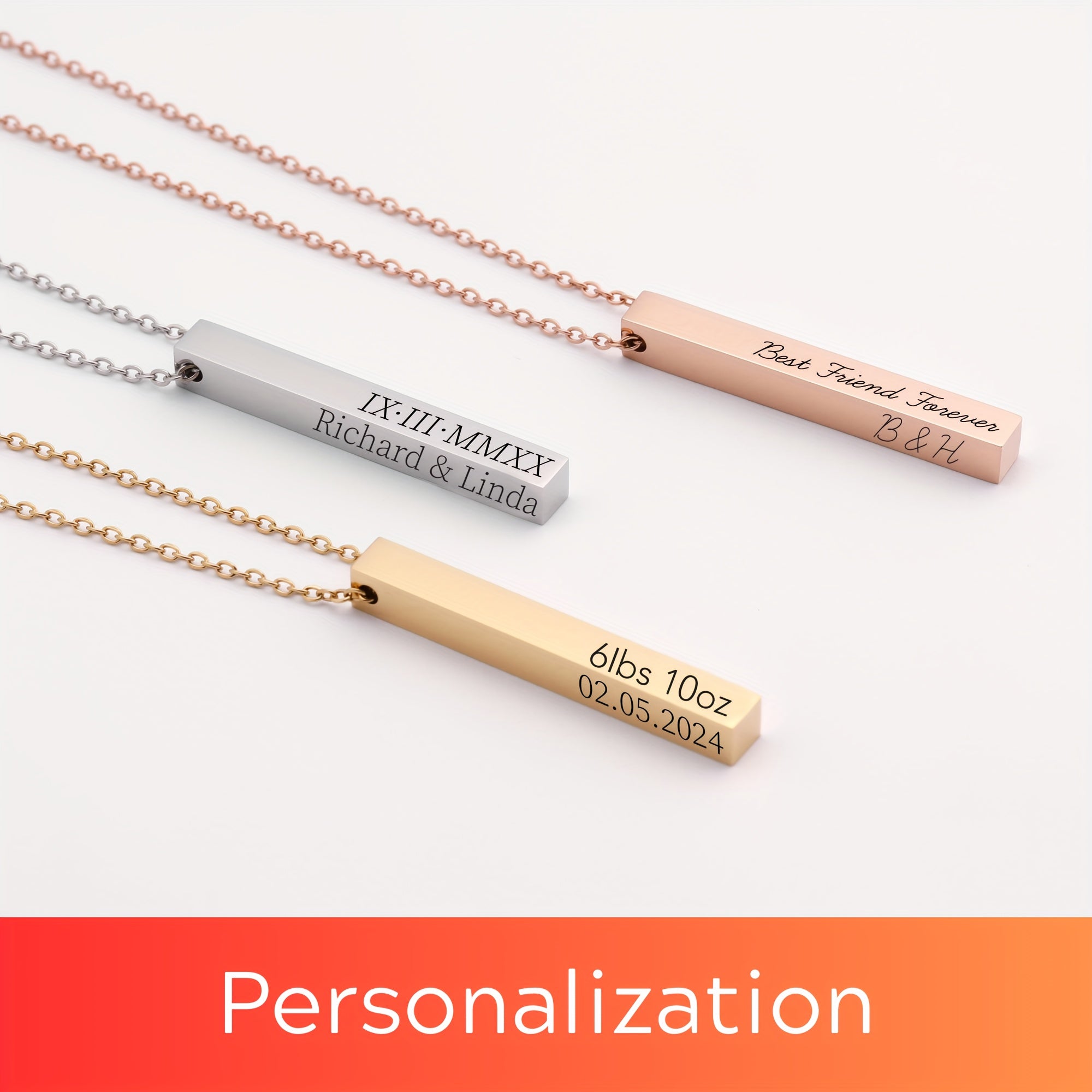 Women's Vertical Bar Necklace Personalized Engraved Gold Silver Rose Gold Jewelry