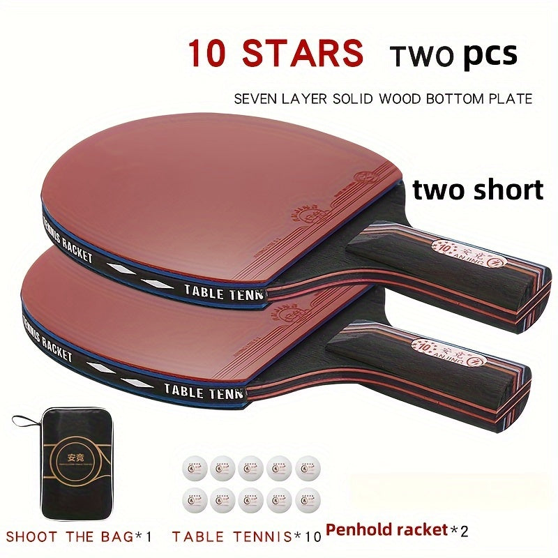 Single Pack of 10 Professional-Grade Red Carbon Rubber Table Tennis Rackets with 3 Balls