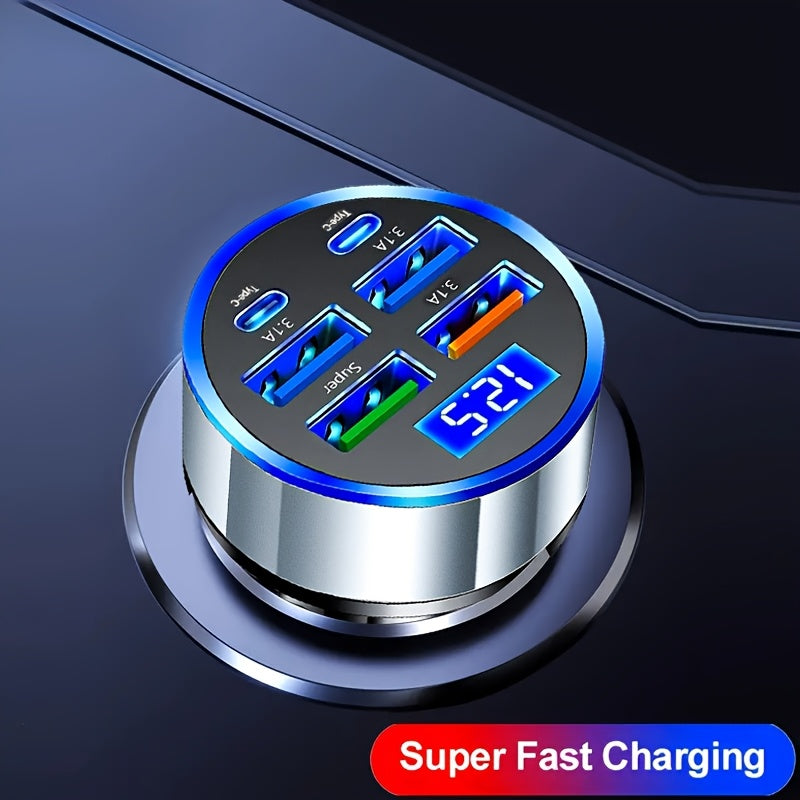 Ko‘p funksiyali avtomobil zaryadkasi 6-in-1 tez zaryadlash Ikki tomonlama Type-C raqamli displey
