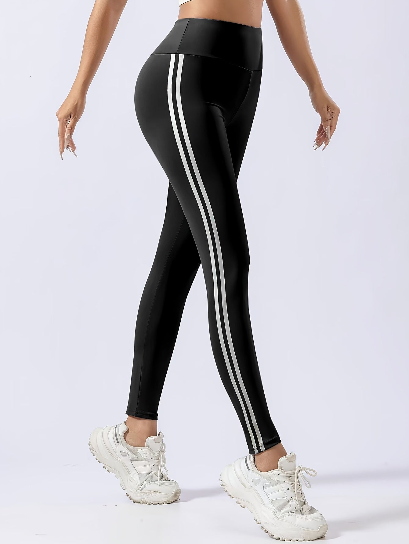 Women's Black High-Waist Leggings with White Side Stripes Tummy Control Butt Lift Breathable Fabric