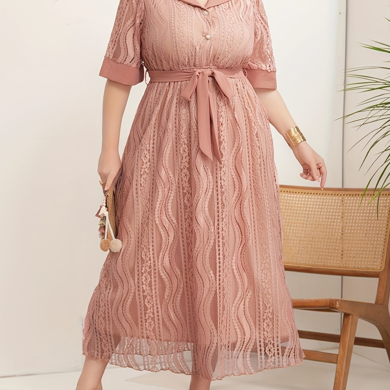 Women's Polyester V-Neck Tunic Dress Belted Solid Color Plus Size