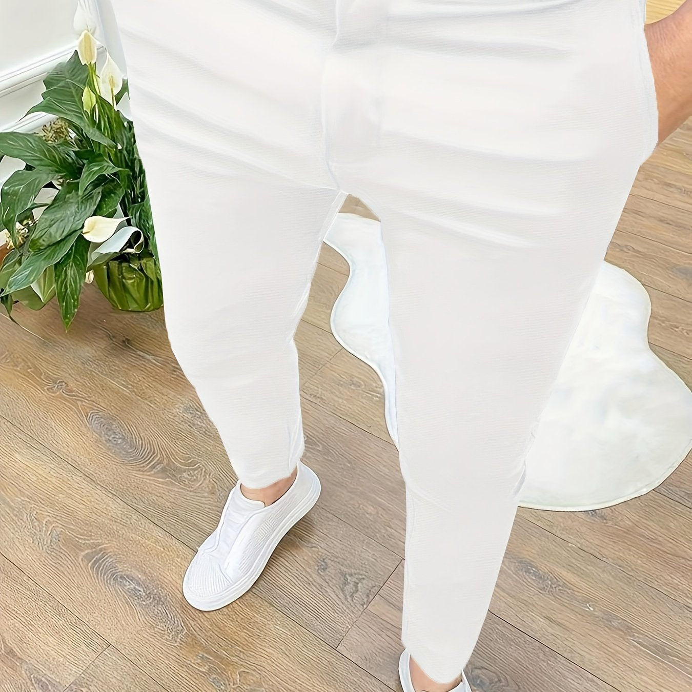 Men's Skinny Fit Polyester Knit Pants with Zipper Detail for All Seasons