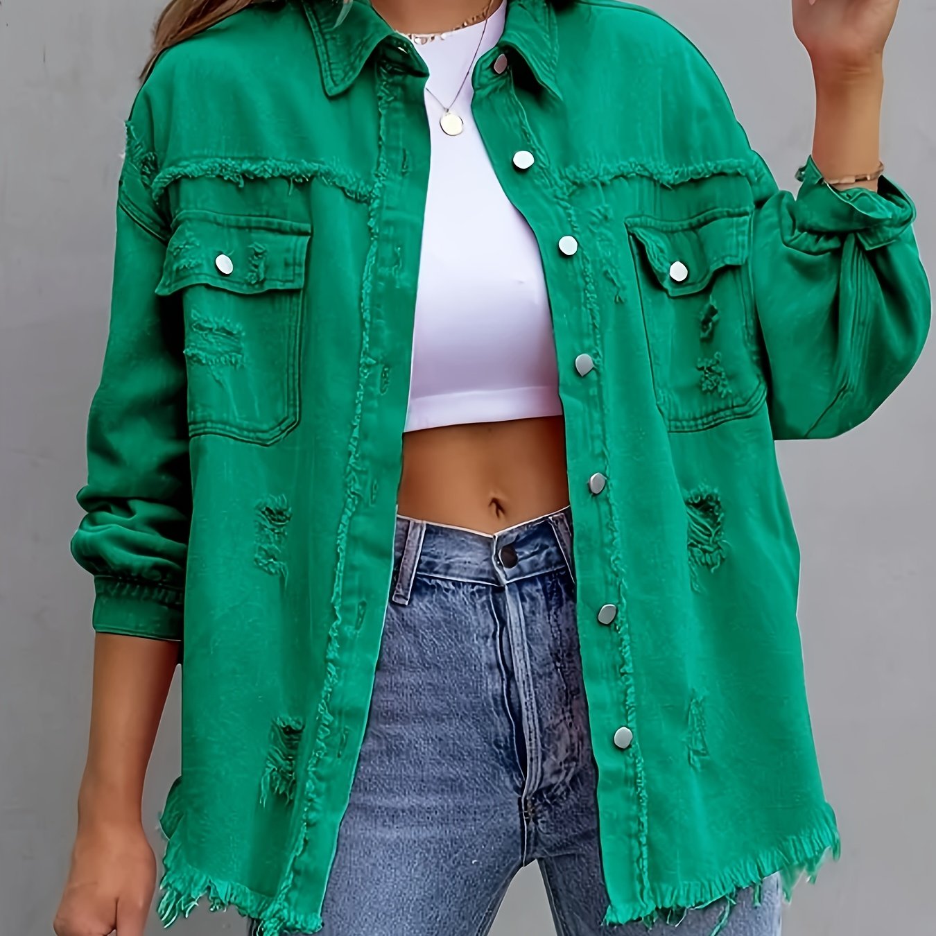 Women's Plus Size Distressed Denim Shirt with Raw Hem and Flap Pockets