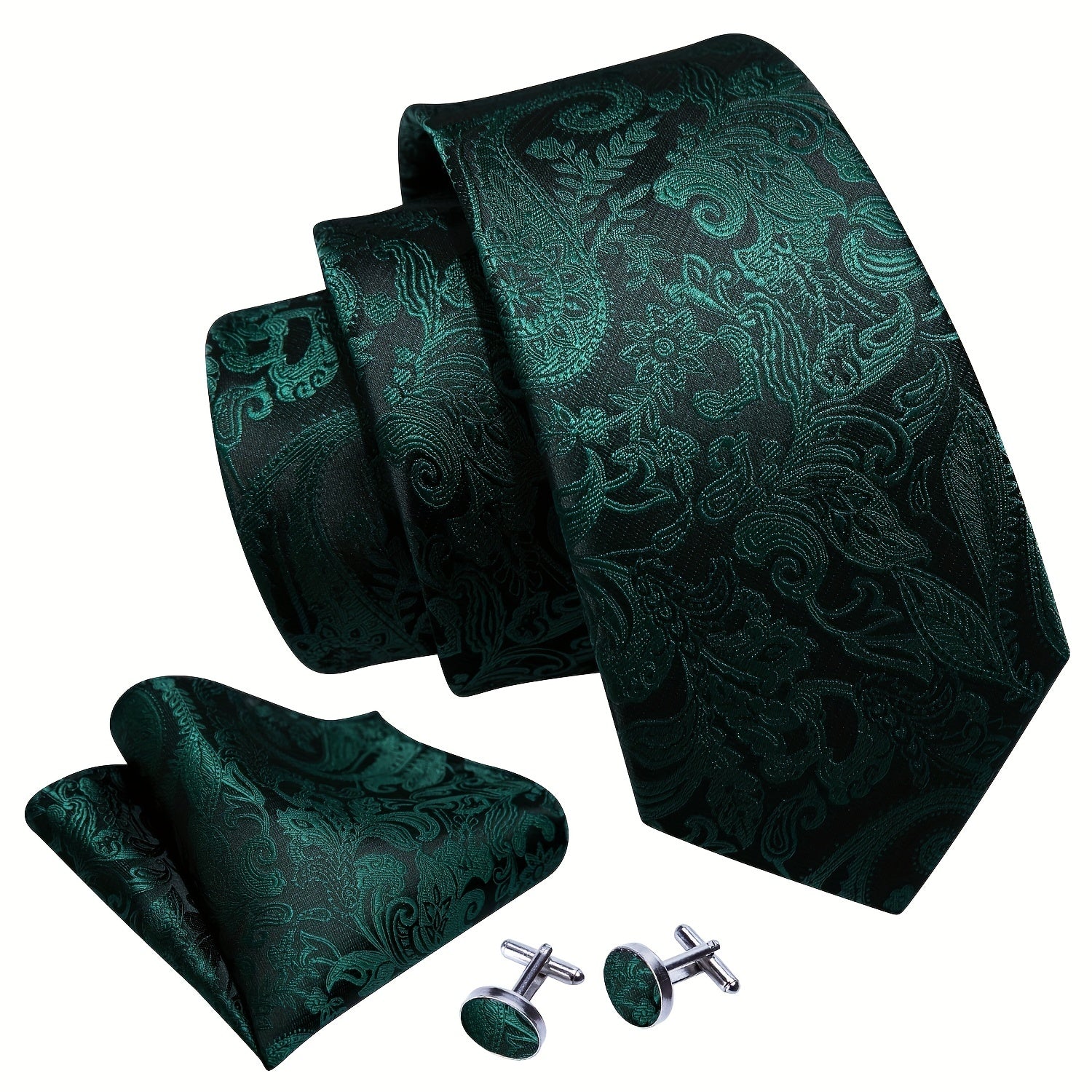 Men's Green Paisley Jacquard Tie Set with Pocket Square and Cufflinks for Weddings and Parties