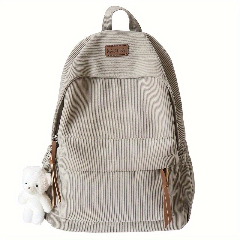 Women's Large Capacity Corduroy Backpack with Bear Pendant for School