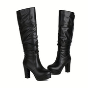 Женские черные ботинки из искусственной кожи до середины икры с массивным каблуком и стиль на Slip-On