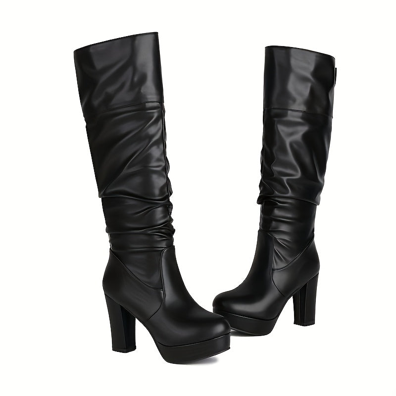 Женские черные ботинки из искусственной кожи до середины икры с массивным каблуком и стиль на Slip-On