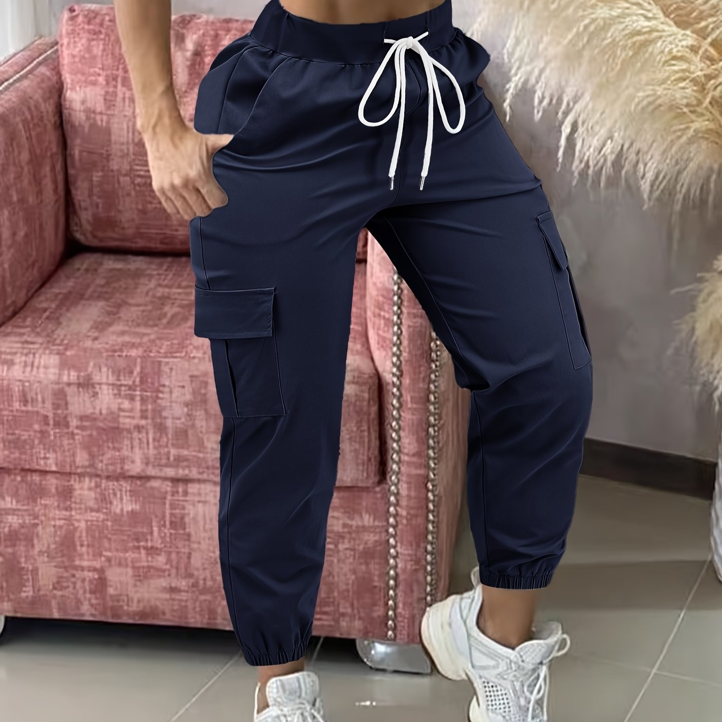 Women's Casual Cargo Pants Polyester Drawstring Waist Solid Color All-Season