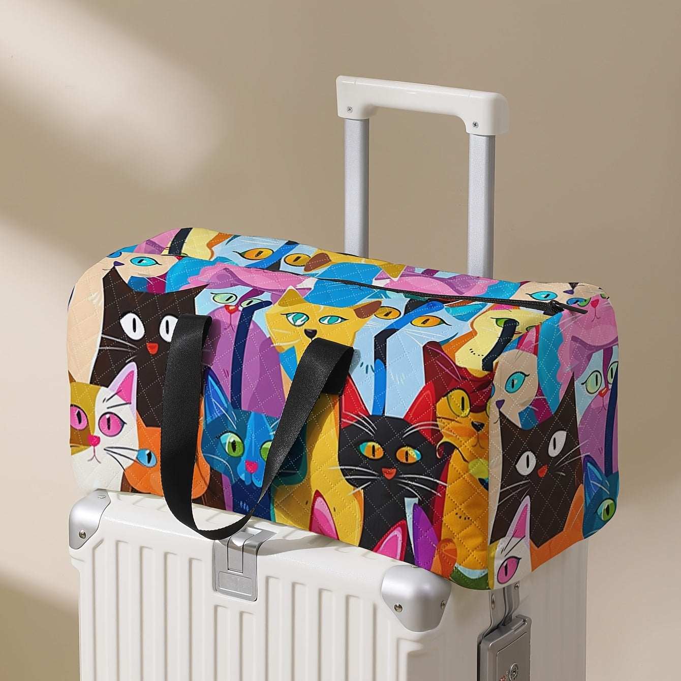 Cartoon Cat Print Duffel Bag with Shoe Compartment for Gym Travel