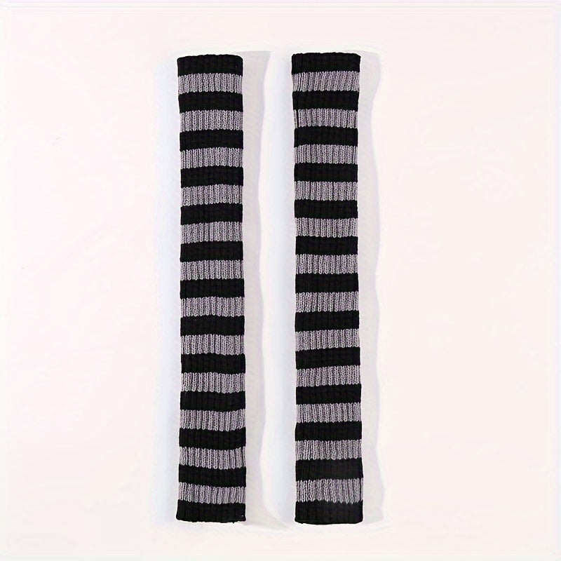 Women's Long Striped Knit Gloves with Thumb Hole and Arm Cover for Autumn Winter