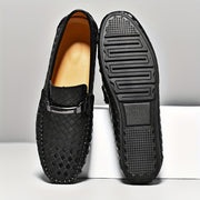 Men's Black Slip-On Loafers Breathable Diamond Pattern Casual Summer Lightweight Rubber Sole