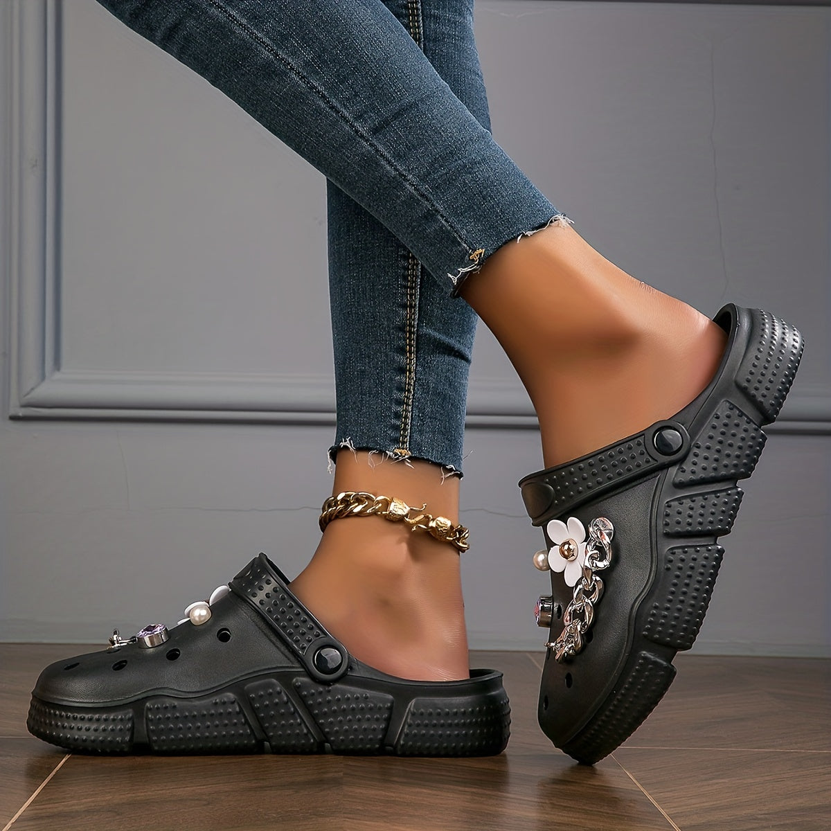 Women's Floral Rhinestone Decor Clogs Slip-On Casual Garden Slides