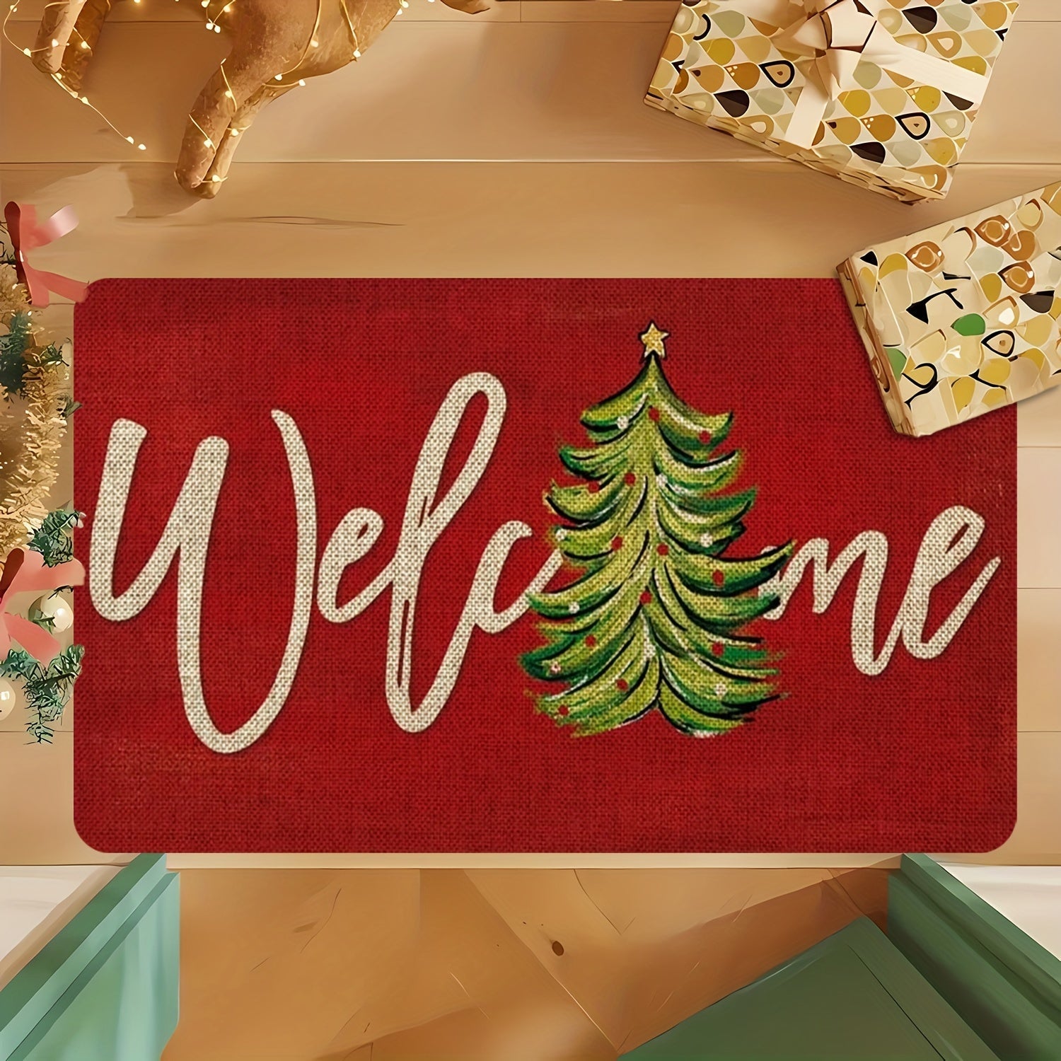 Christmas Doormat Red Polyester Non-Slip Waterproof Stain-Resistant