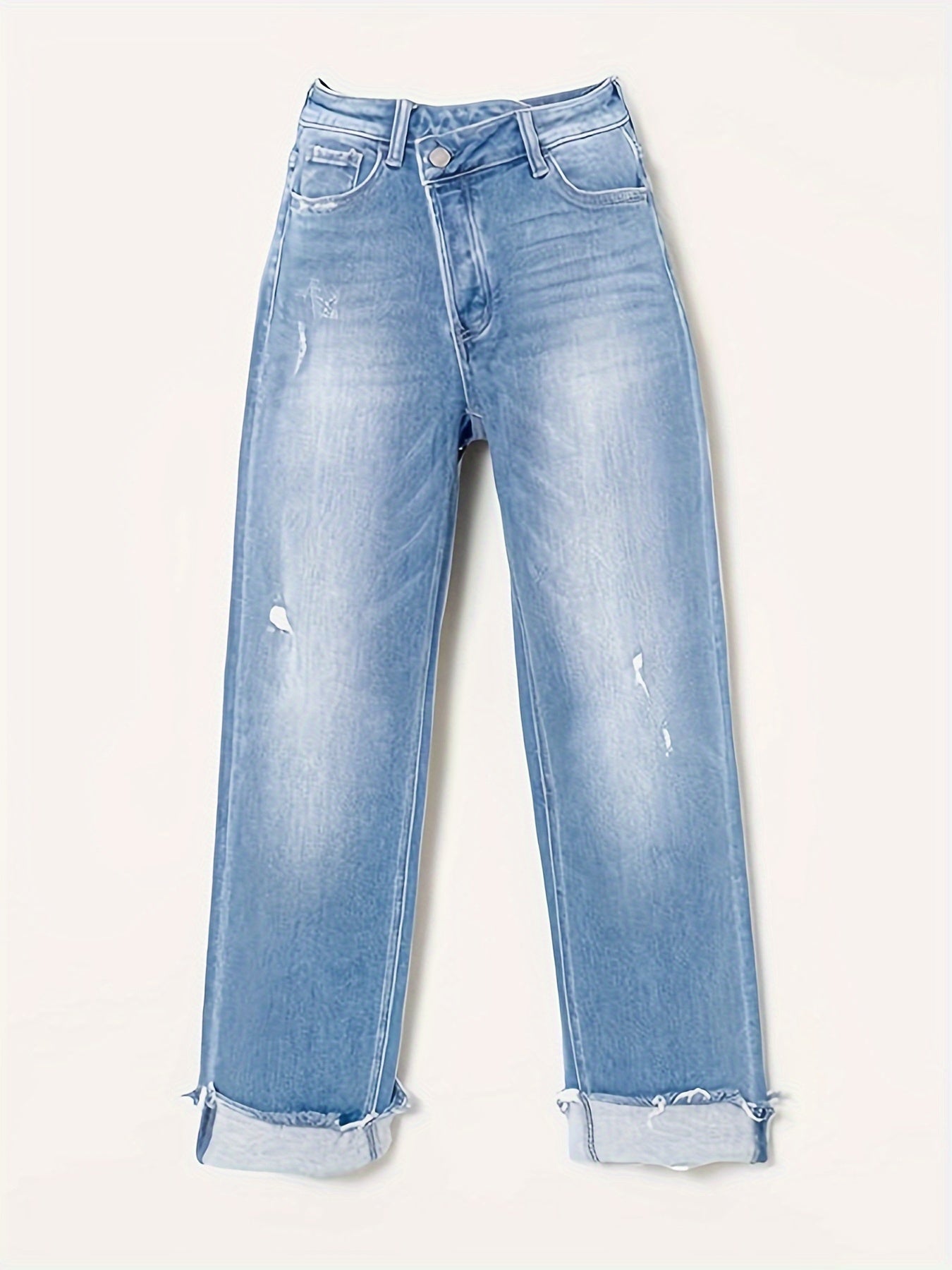 Ayollar uchun katta o'lchamdagi buzilgan yuvilgan, bukilgan krepli yengil to'g'ri chiziqli jinsi shimlar, kuz uchun