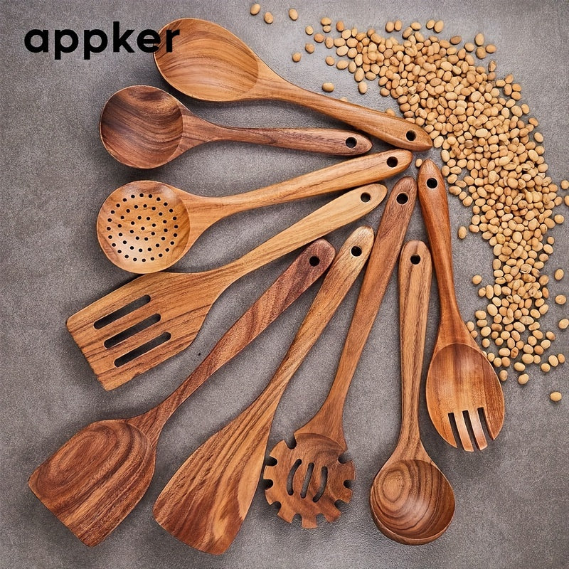 Set of 9 Acacia Wood Kitchen Utensils Including Spoons Spatulas and Noodle Fish Fryers