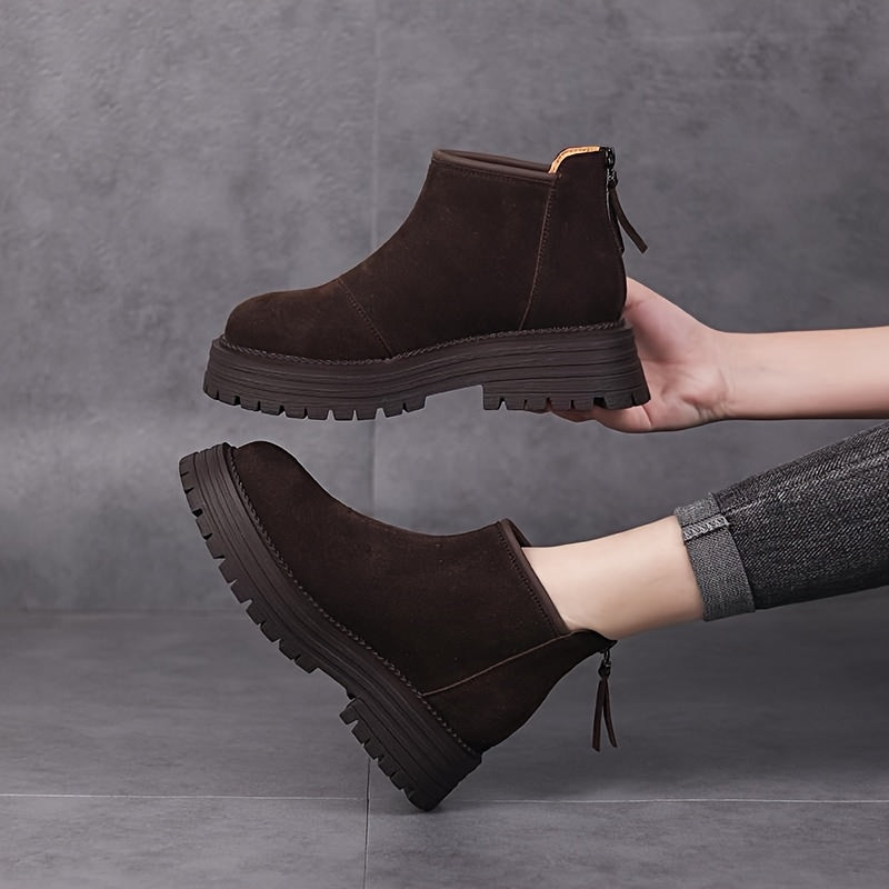 Ayollar uchun vintage ankle botinkalari, mato ustki qismi, dumaloq barmoq, past platforma to'pi, kauchuk taglik, zipper yopilishi, qo'lda yuvilishi mumkin - zamonaviy va ko'p qirrali.