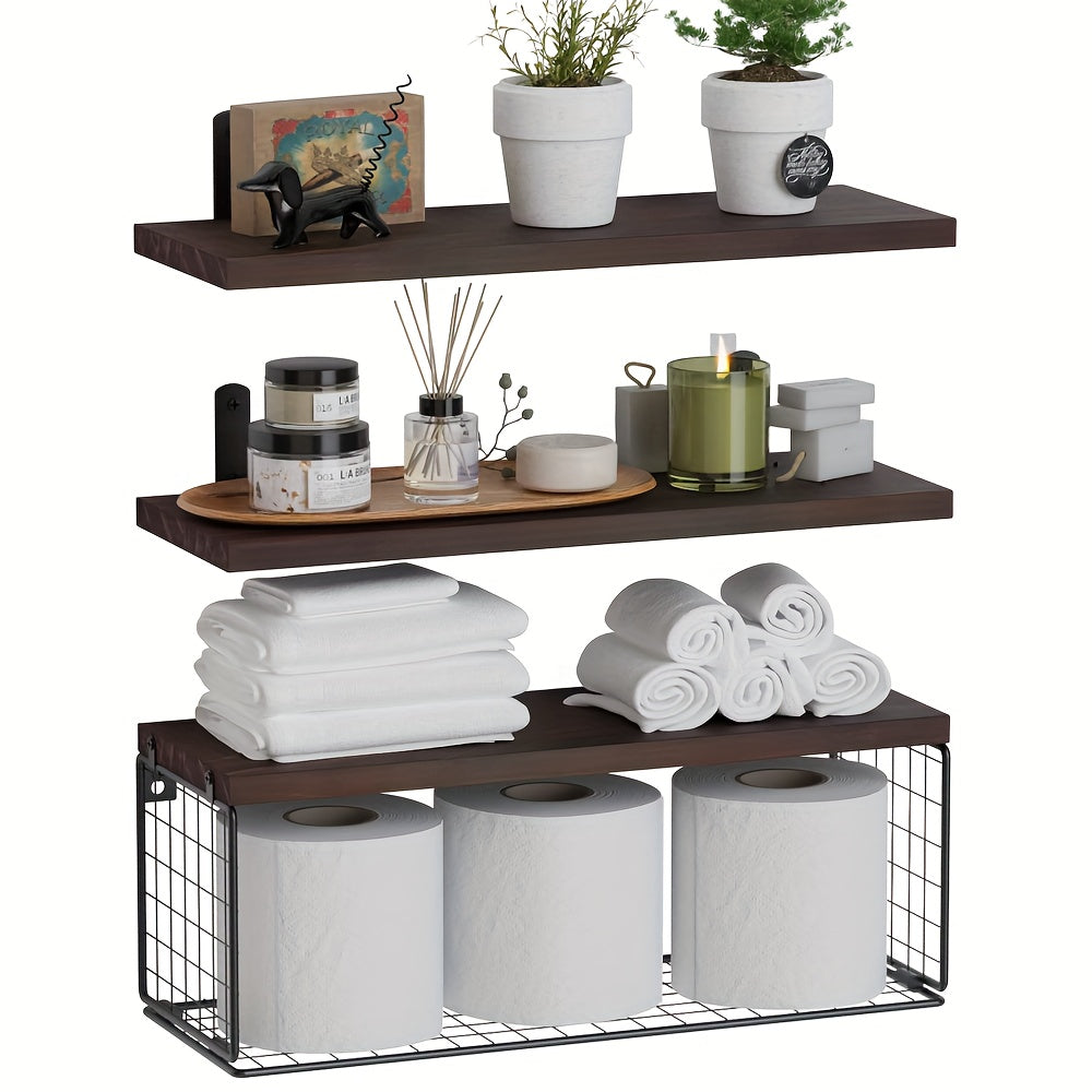 Carbon Black Bathroom Floating Shelves with Storage Basket Space-Saving Wall Organizer