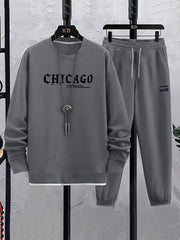 Men's Casual Polyester Sweatsuit Set with Crew Neck Waffle Print Alphabet Pattern Spring Fall Knit Fabric