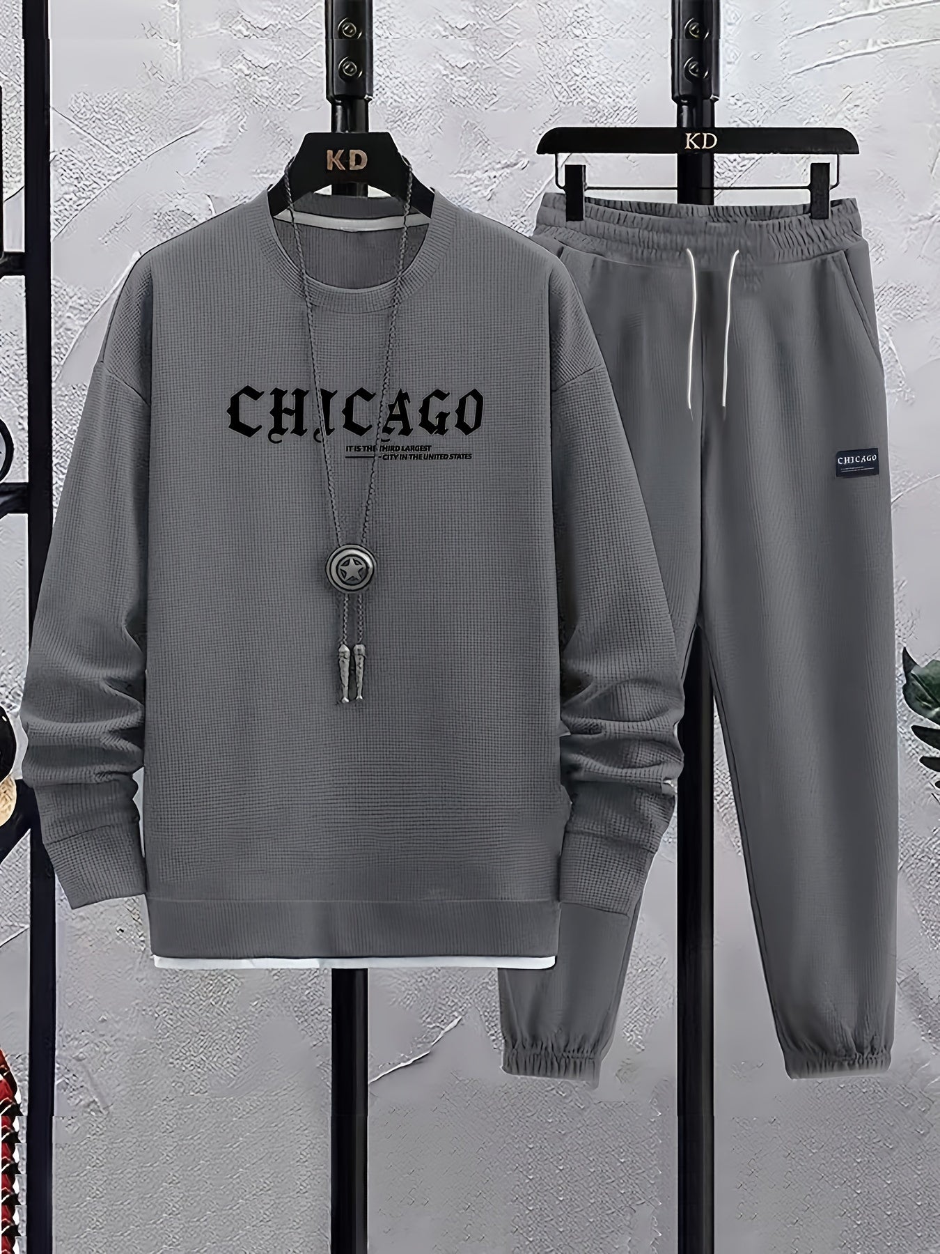 Men's Casual Polyester Sweatsuit Set with Crew Neck Waffle Print Alphabet Pattern Spring Fall Knit Fabric