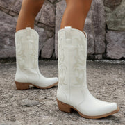 Women's Western Cowboy Boots Retro V-Cut Chunky Low Heel Mid Calf