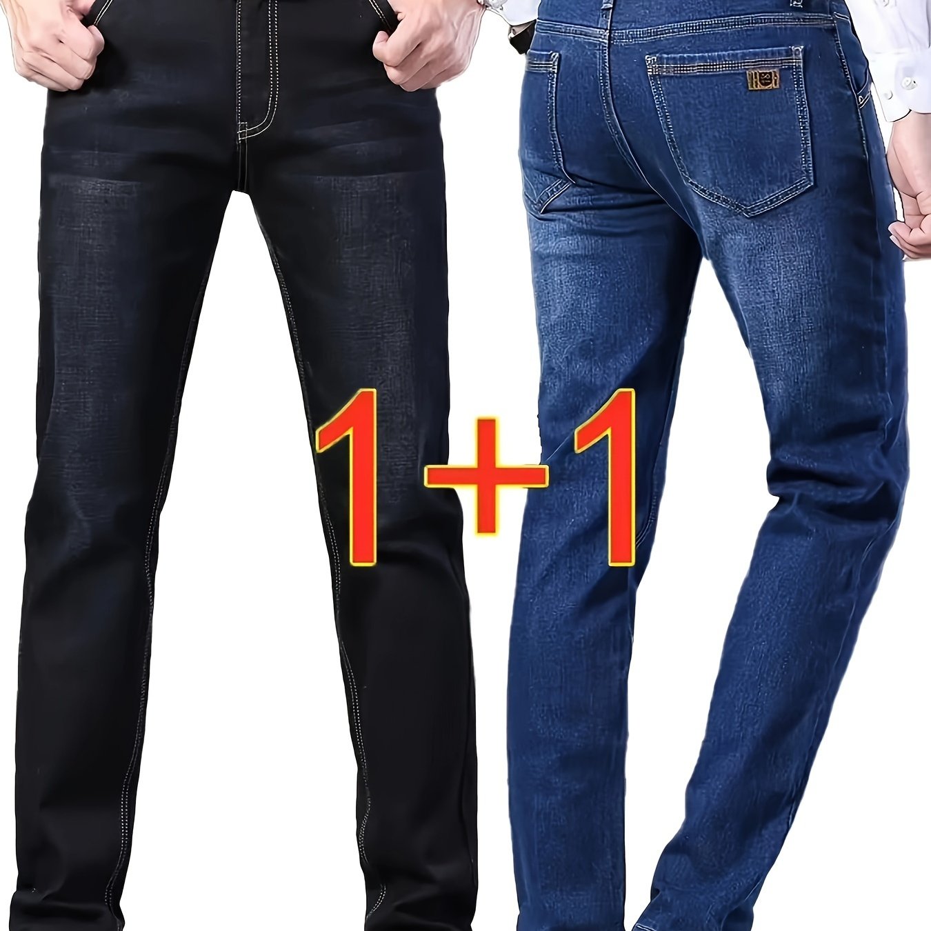 Men's Black Denim Trousers Set for Spring and Autumn Regular Fit All-Season