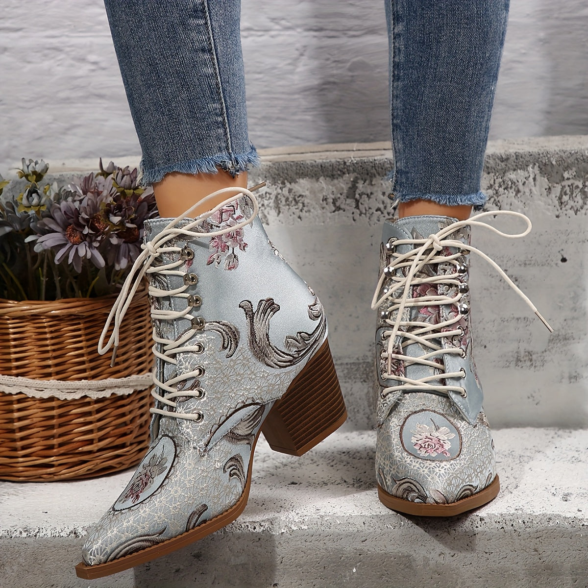 Women's Floral Embroidered Ankle Booties Leather High Heel Lace-Up