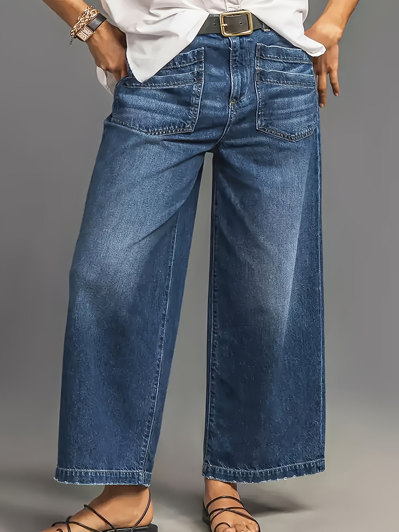 Women's High-Waisted Wide Leg Stretch Denim Jeans Blue Casual Comfort