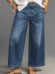 Women's High-Waisted Wide Leg Stretch Denim Jeans Blue Casual Comfort