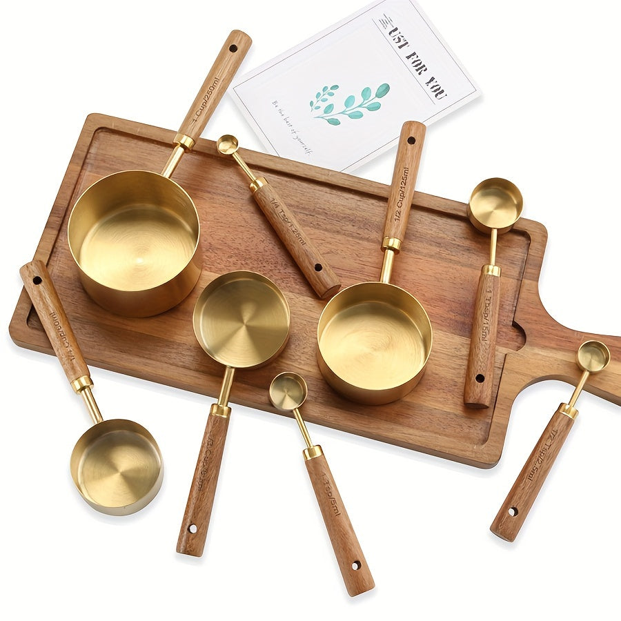 Set of 4 Stainless Steel Measuring Cups and Spoons with Wooden Handles