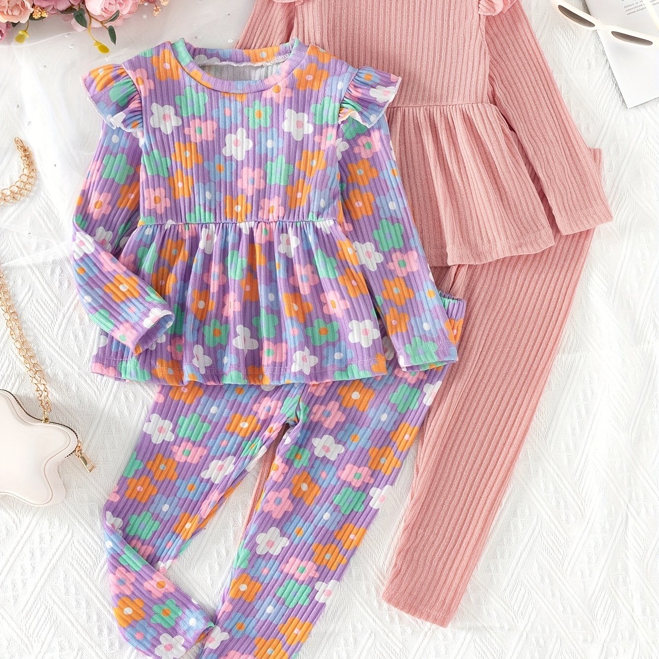 Girls Long Sleeve Peplum Top and Casual Pants Co-ords Set Floral Solid Spring Fall Outdoor Clothes