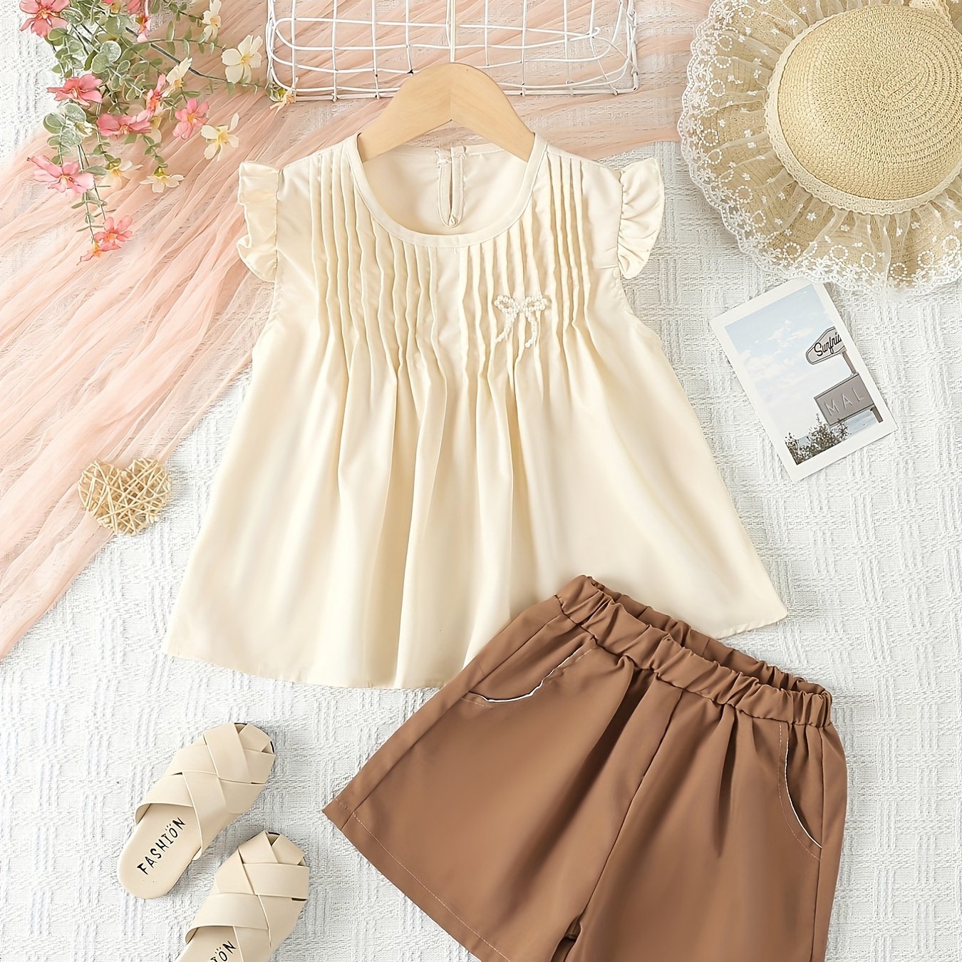 Children's Summer Sleeveless Doll Shirt and Loose Shorts Set for Small Kids