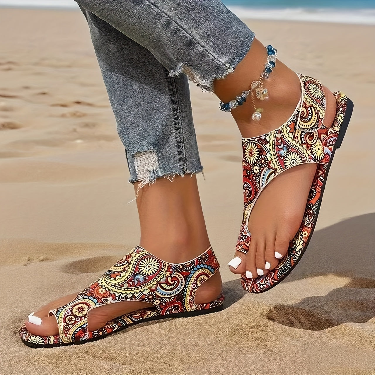 Women's Bohemian Paisley Flat Sandals with Adjustable Hook-and-Loop, Breathable Fabric, Non-Slip Sole