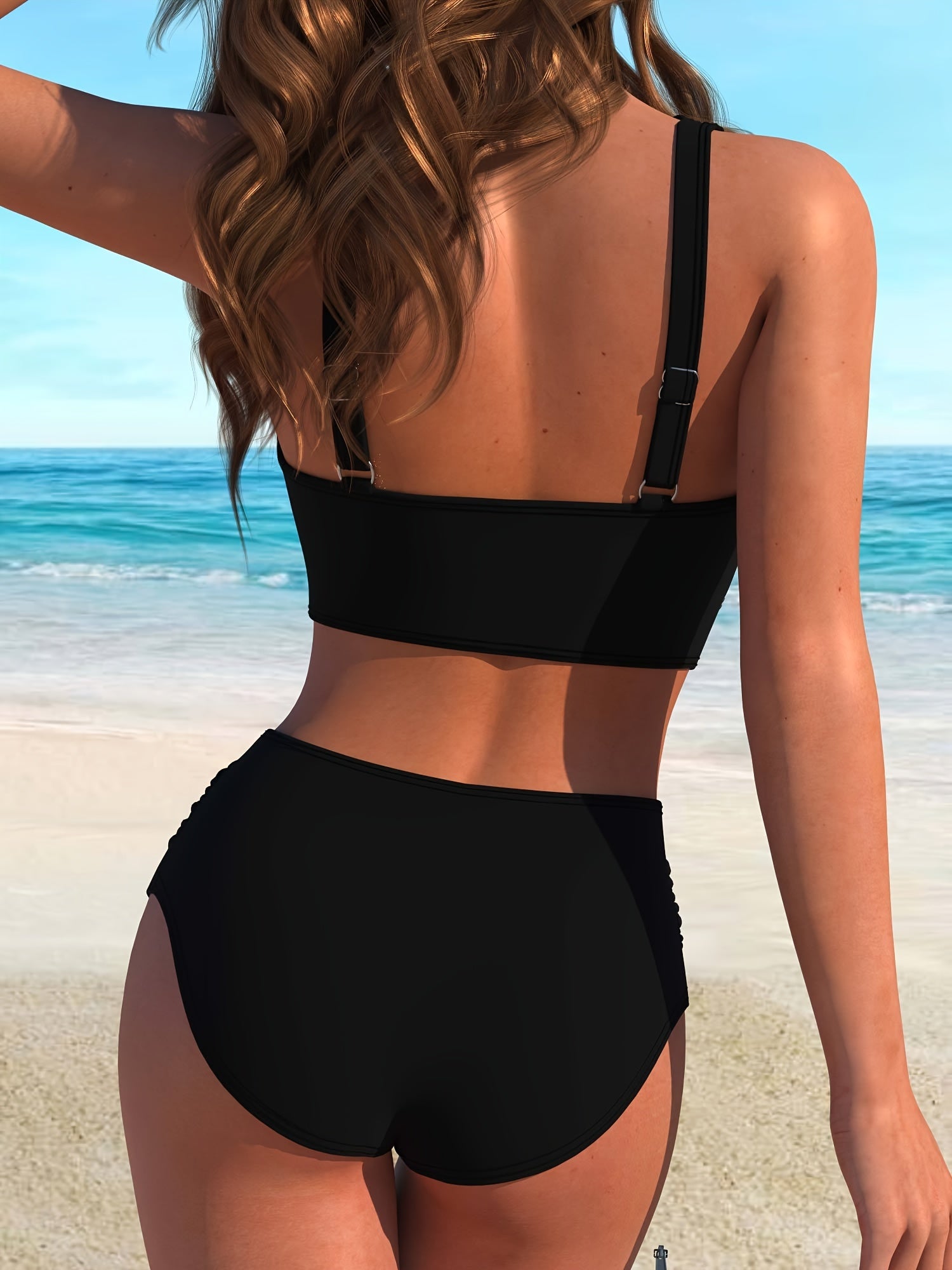 Women's Solid Color Bikini Set with High Stretch Knit Fabric Cross Front Detail