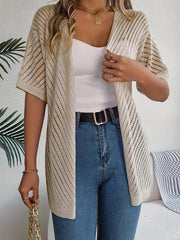 Plus Size Women's Crochet Cardigan Light Beige Open Front Short Sleeve Summer Casual