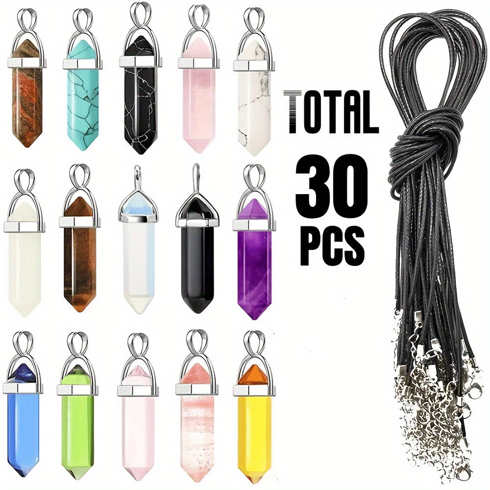 30 Multicolor Crystal Point Pendants with Black Faux Leather Necklace Chains and Storage Bag for Jewelry Making