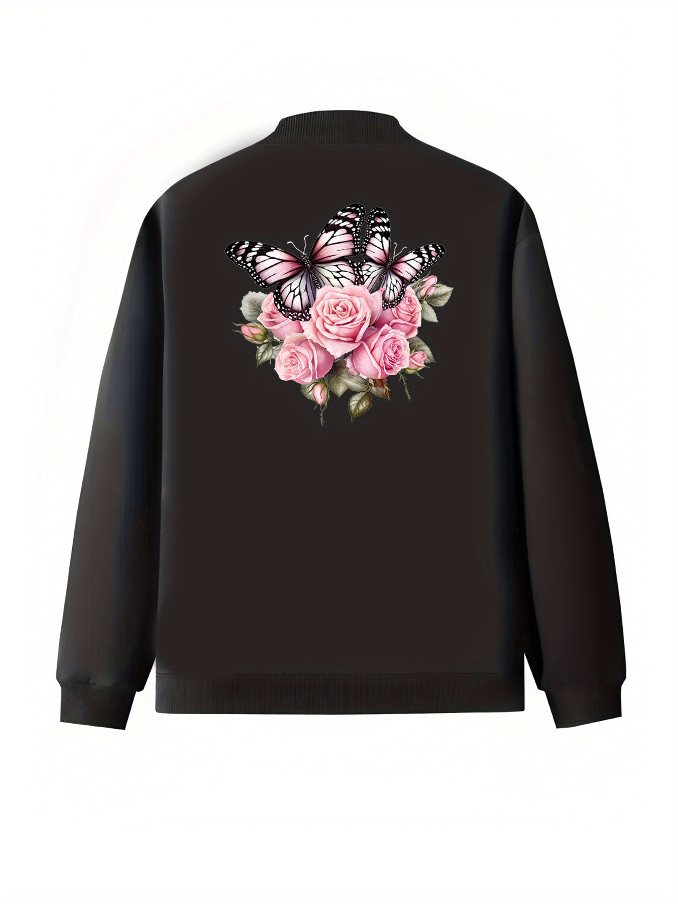 Plus Size Women's Floral Print Zip-Up Jacket Casual Long Sleeve Baseball Collar