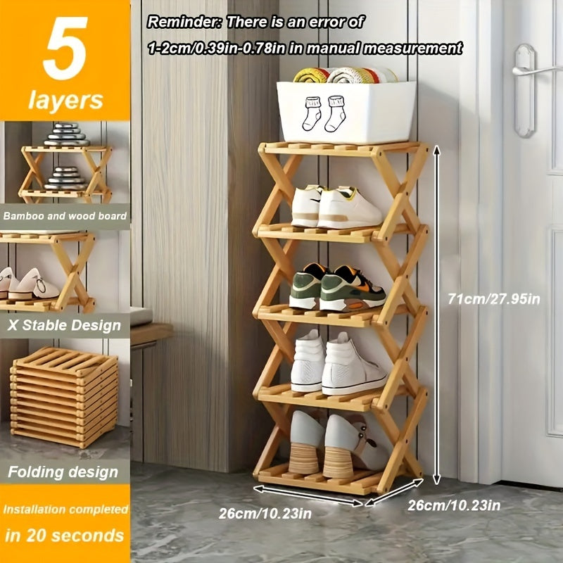 Bamboo Foldable Shoe Rack with Multiple Shelves Entryway Organizer