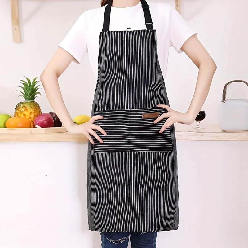 Adjustable Apron Set 2pcs Black and White Striped Kitchen Aprons with Pocket